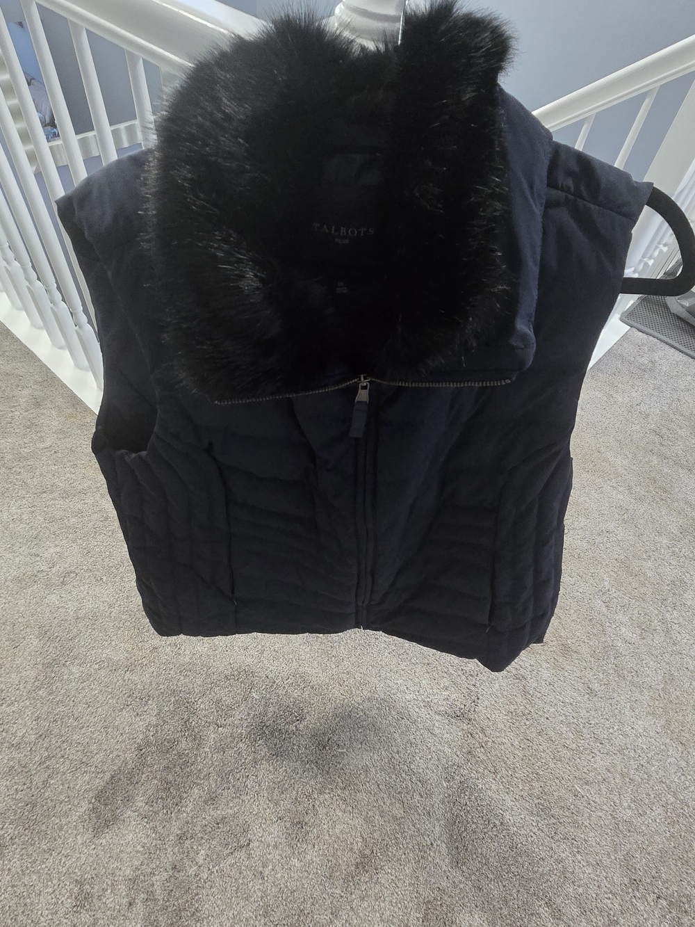 Talbots Navy Quilted Puffer Vest with Black Faux Fur Collar